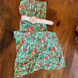 Lily Pulitzer strapless maxi dress with woven white belt.